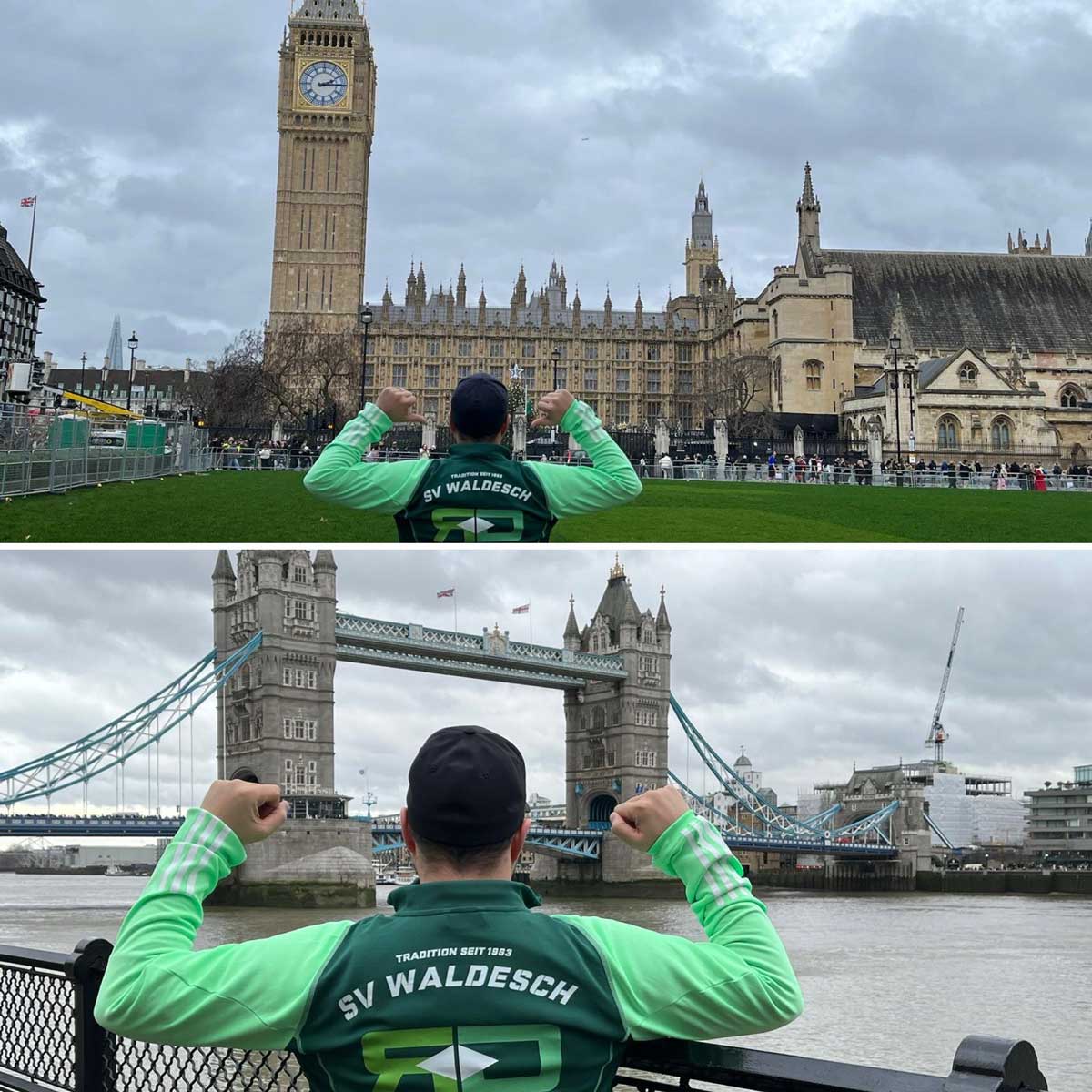 Trikot auf Tour - Ein Mann in London: Einmal vor dem Parlament in Westminster, einmal vor der London Bridge.