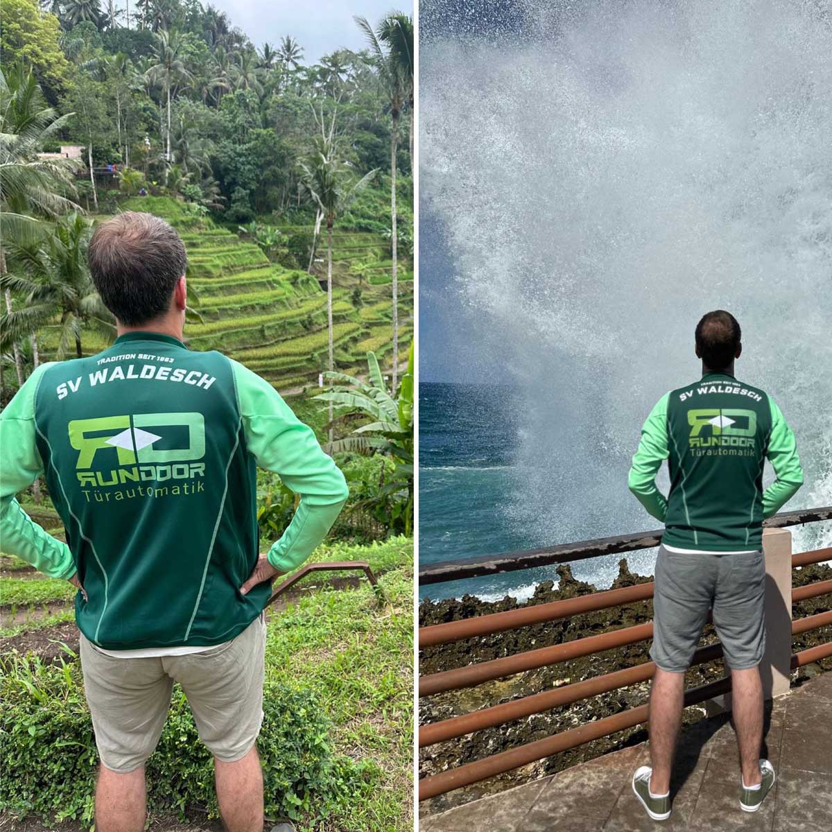Trikot auf Tour - Mann auf zwei Bildern: Einmal vor einem Hügel mit Reisfeldern, einmal vor einer Balustrade am Meer und vor sich eien Fontaine aus Gicht, die bis weit über ihn aufschäumt.